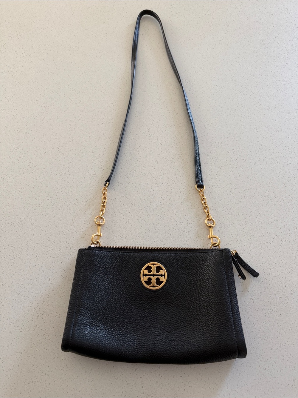Tory Burch Black Pebbled Leather Crossbody with Gold Logo Hardware
